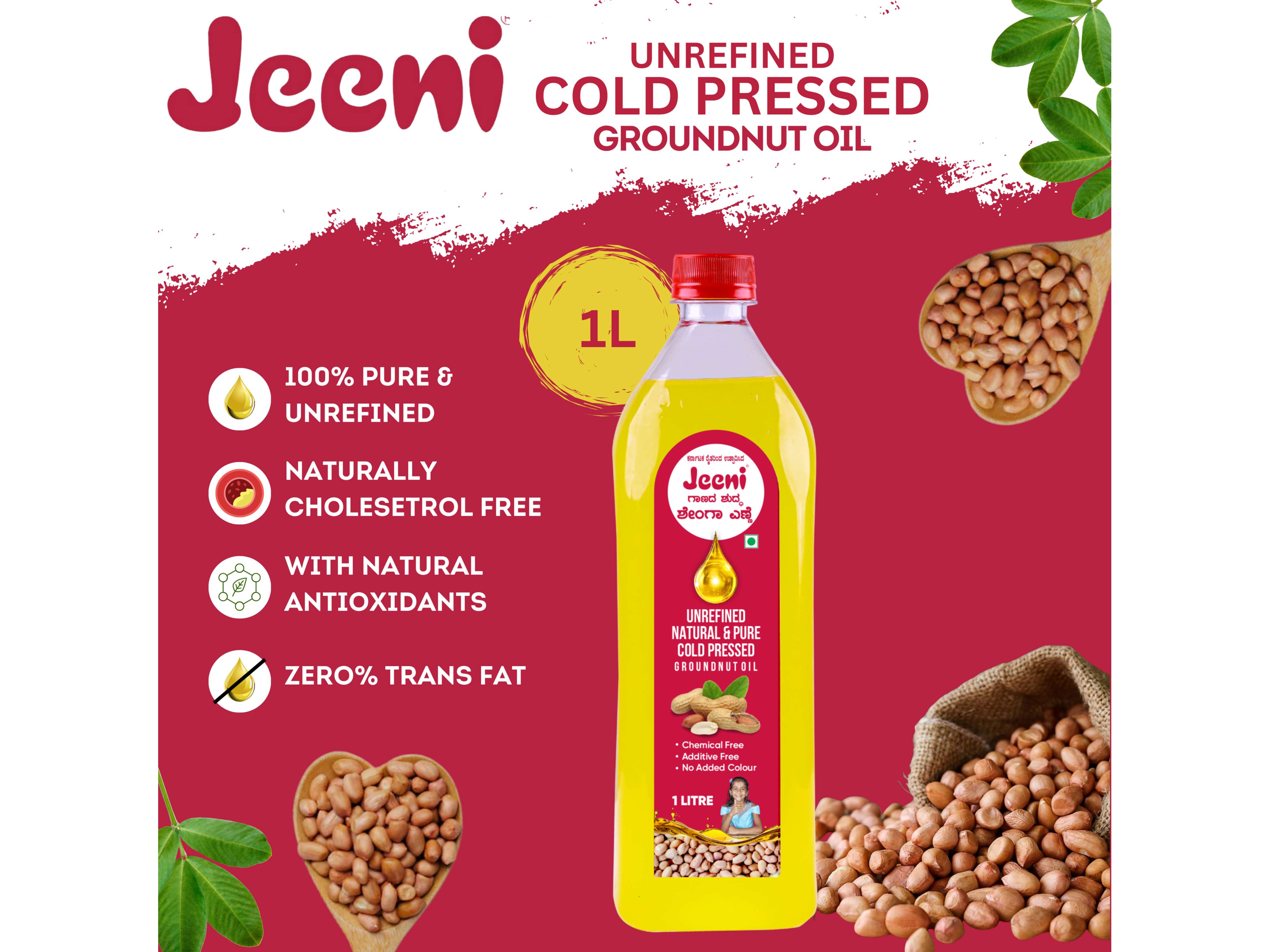 Jeeni Unrefined Natural & Pure Cold Pressed Groundnut Oil 1 LTR