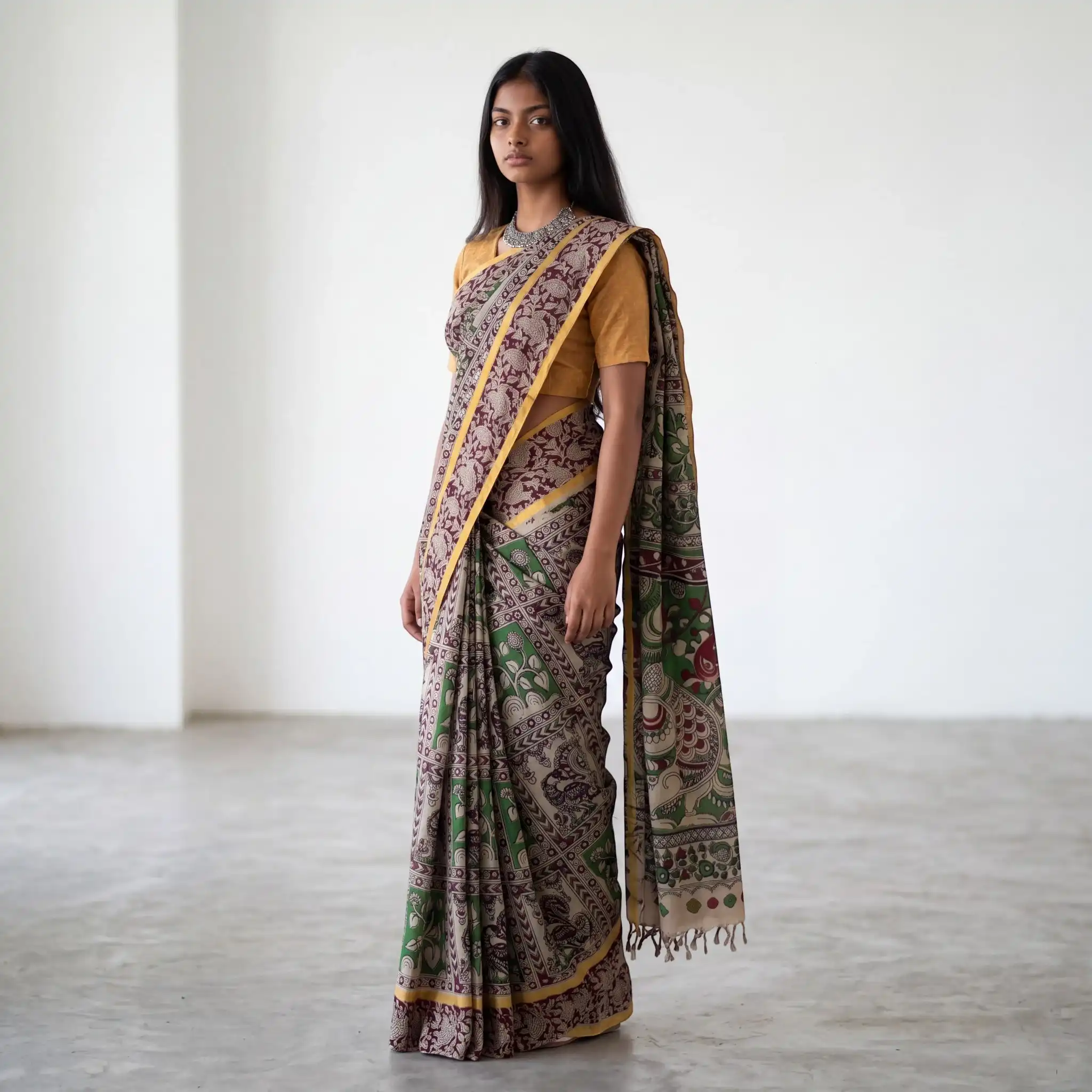 Pedana Kalamkari Print Saree Cream Olive Green view 2