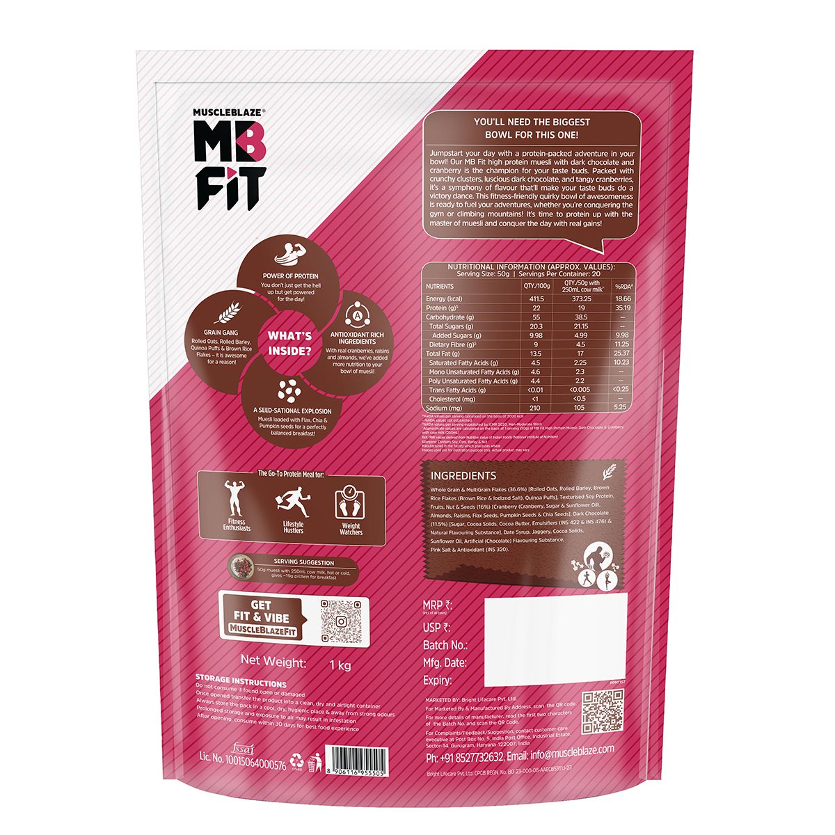MuscleBlaze Fit High Protein Muesli (Dark Chocolate & Cranberry, 1kg) 22g Protein, With Raisins, Almonds & Super Seeds, Protein Breakfast Cereals view 2