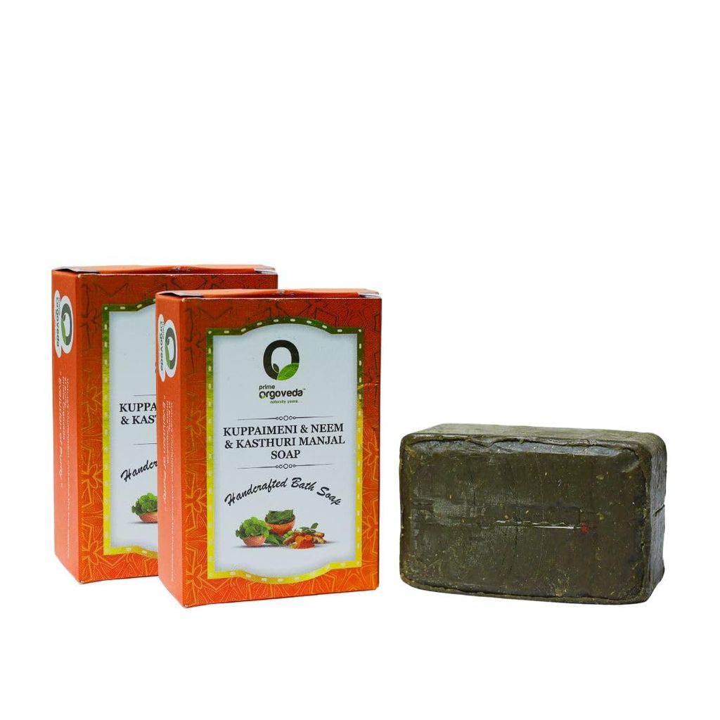 Kuppameni Neem Kasturi Manjal Soap (Pack of 2) | 125g Natural Herbal Anti-Acne Bath Soap | Skin Brightening & Detox | Ayurvedic Handmade Soap | Chemical-Free Body Soap
