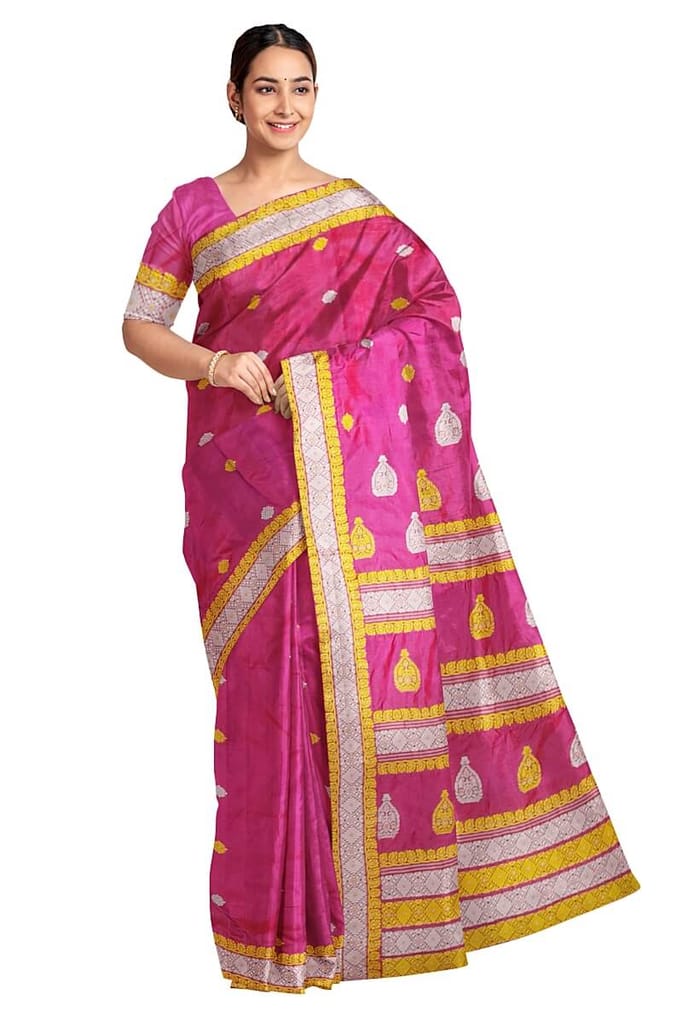 Handwoven Mulberry pure silk saree from Assam, in pink with colourful motifs on the body and thread work in pallu & border.