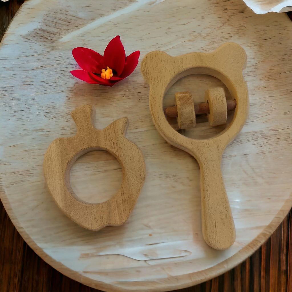 Neemtoys Beautiful Combo of Neem Wooden Rattle and Teether Mickey Head Rattle and Apple Teether view 2
