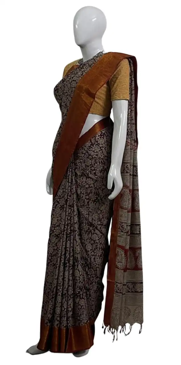 Kalamkari Mangalgiri Silk Cotton Saree Chocolate Brown view 2