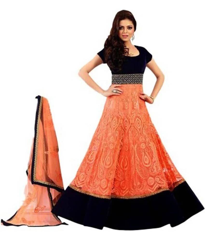Murliwale Orange and Black Super Net Anarkali Gown Semi-Stitched Suit