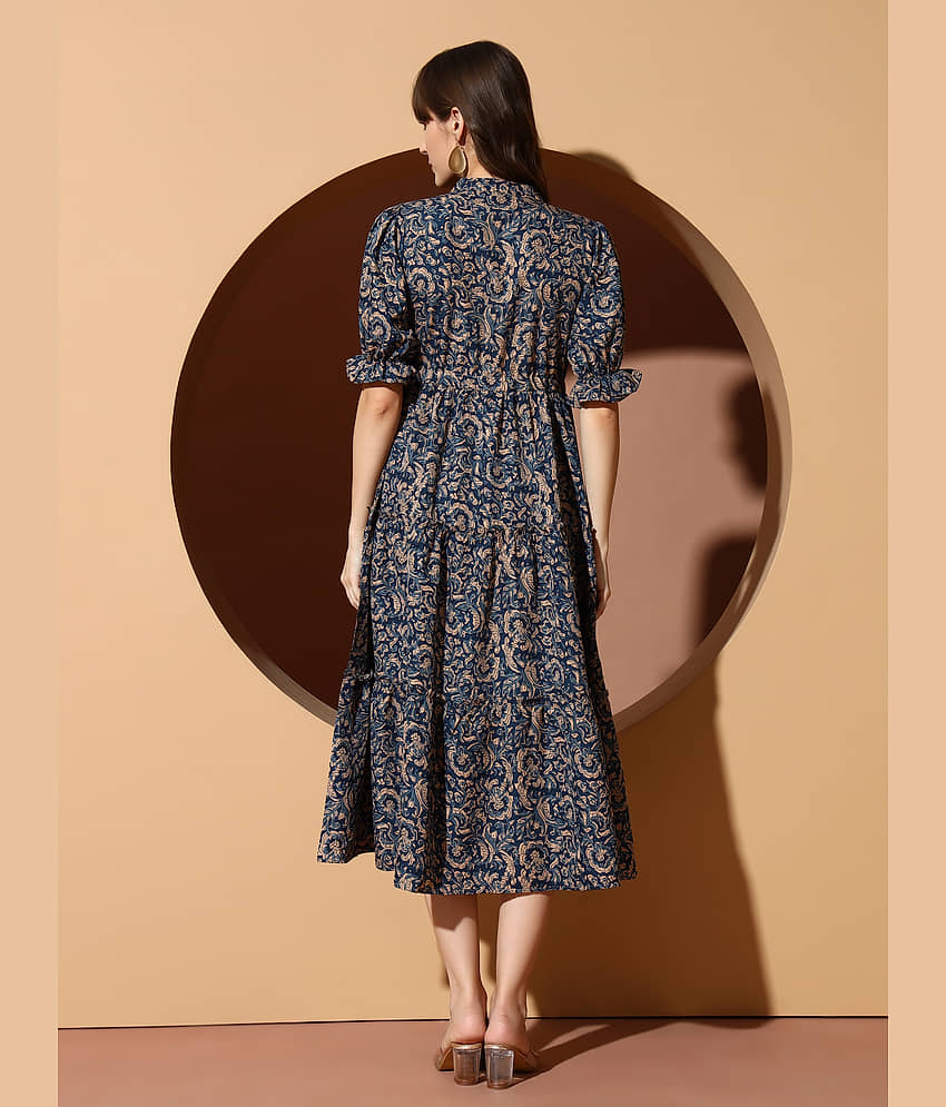 ZWERLON Women Polyester Printed A-line Dress ( Navy Blue ) view 2