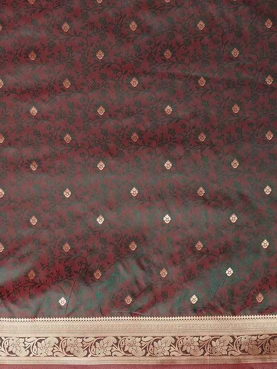 Women’s Elegant Dark Green & Maroon Banarasi Silk Saree with Rich Golden Zari Woven Border and Pallu – Traditional Wedding, Festive & Party Wear Saree with Unstitched Blouse Piece view 2