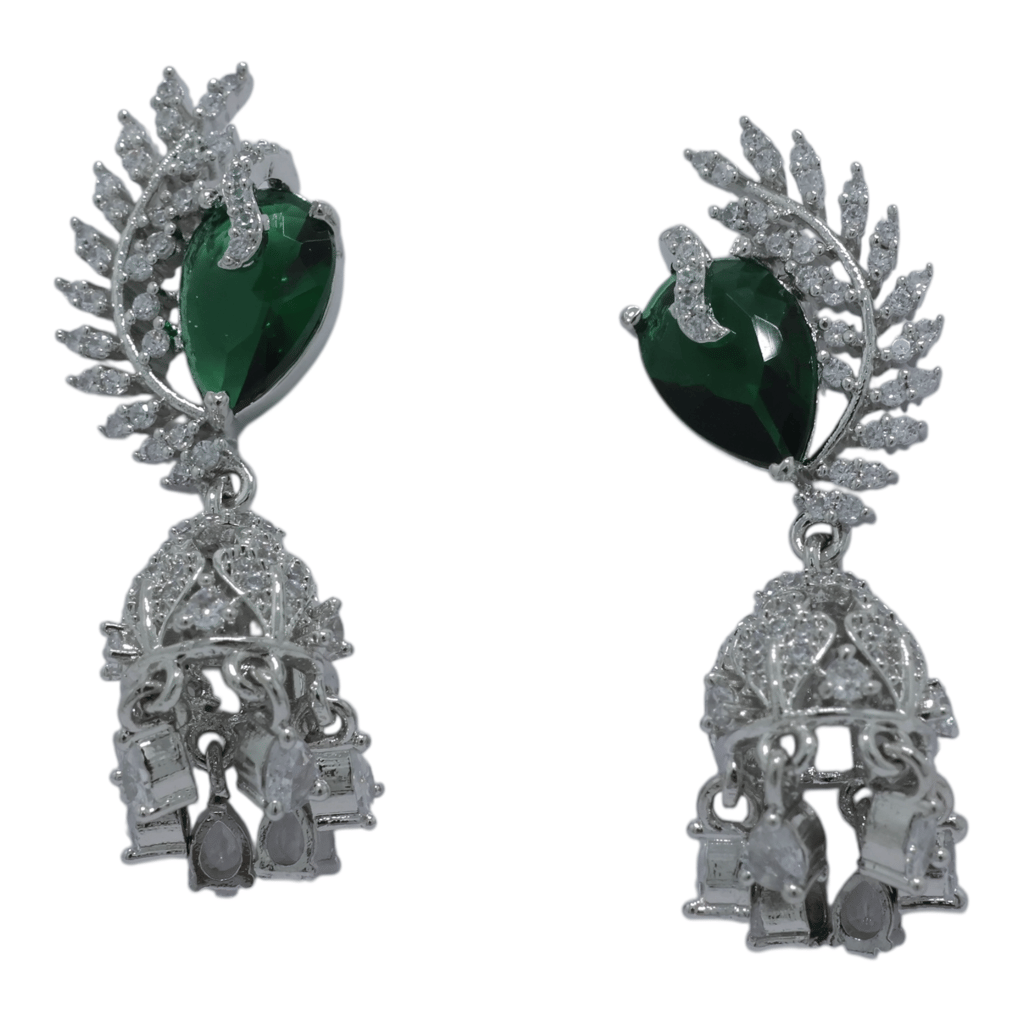 Elegant Silver-Tone Green Gemstone CZ Jhumka Earrings for Women view 2