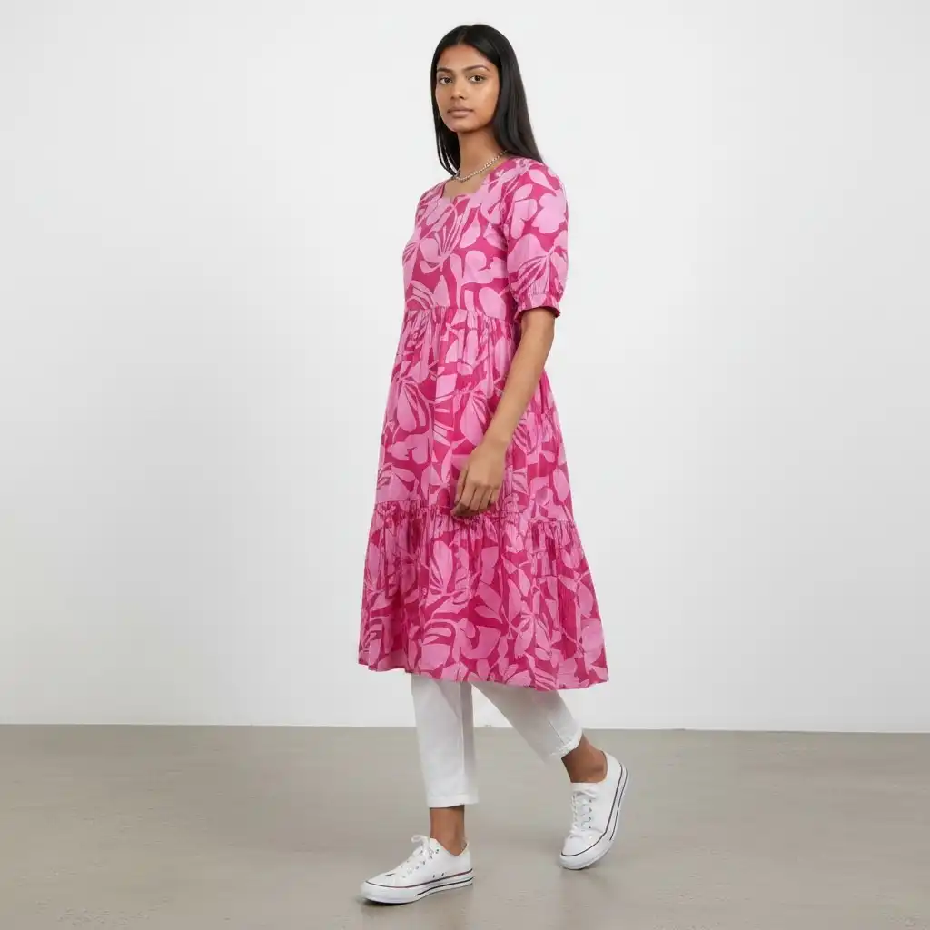 Baby Pink Floral Screen-Print Cotton Kurti for Daily and Work Wear view 2