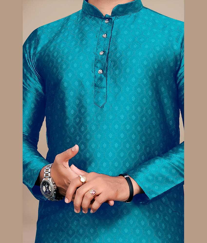 YUG ART Sea Green Silk Regular Fit Men's Kurta Pyjama Set ( Pack of 1 ) view 2