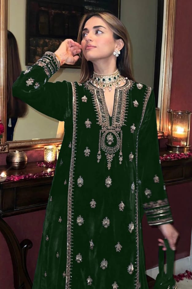 Lorenvelley Fashion Green Velvet Salwar Suit Material Embroidered view 2