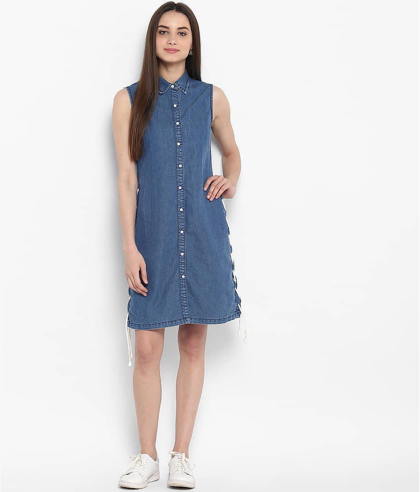 StyleStone Women Denim Fit & Flare Dress ( Blue ) view 2