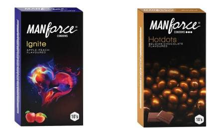 MANFORCE Ignite Apple-peach Flavoured Extra Dotted Box Condoms - 10 Pieces & Premium Hotdots Belgian Chocolate Condoms with Bigger Dots - 10 Pieces Condom (Set of 2 20 Sheets) view 2