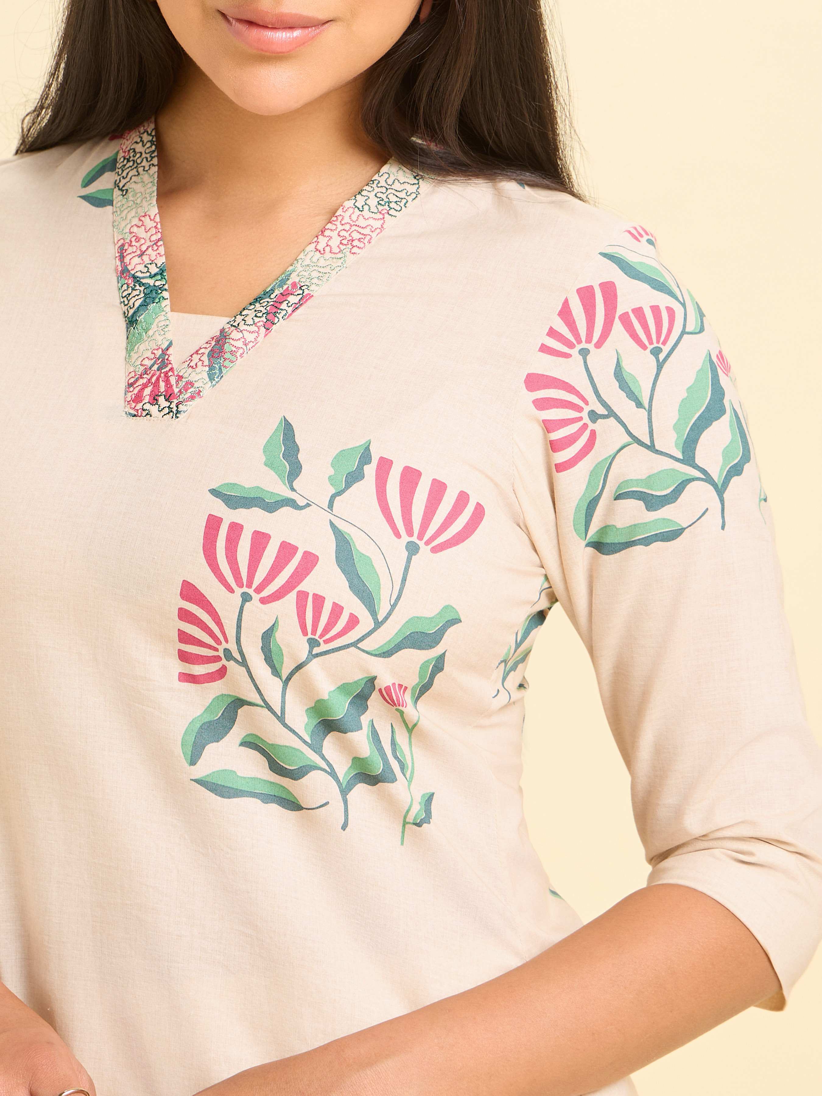 Pista Green Pure Cotton Placement Printed Kurti view 2