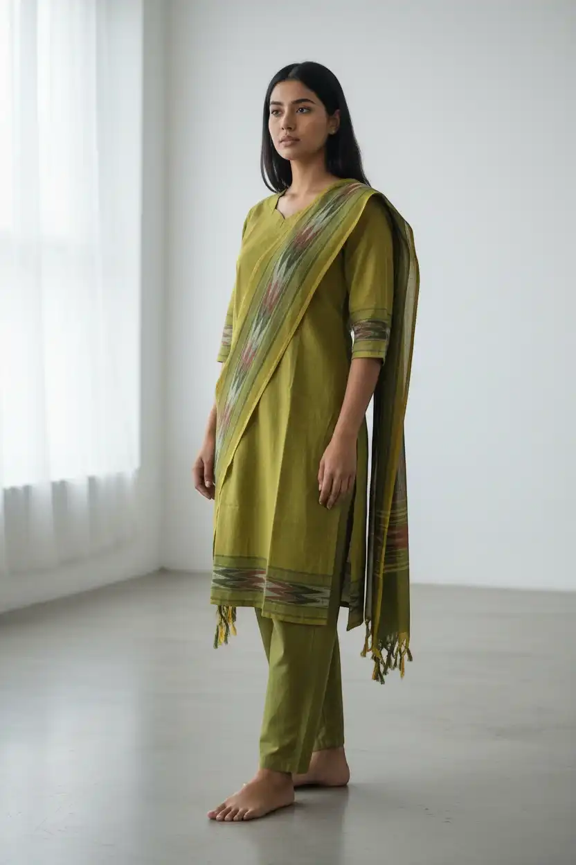 Mangalagiri Cotton 3-Piece Kurta Set in Mehendi Green
