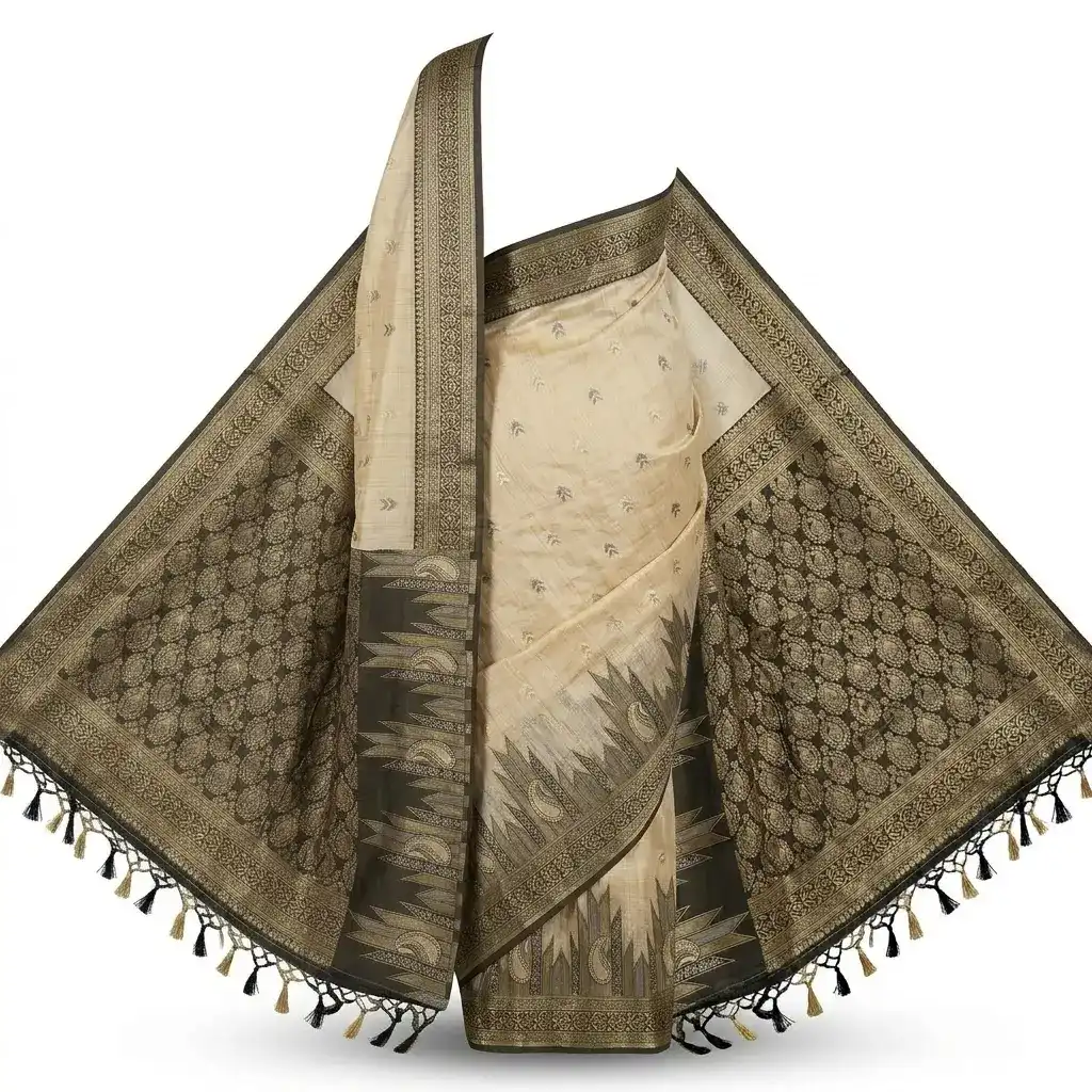 Sambalpuri Light Beige Cream Ikat Handloom Saree view 2