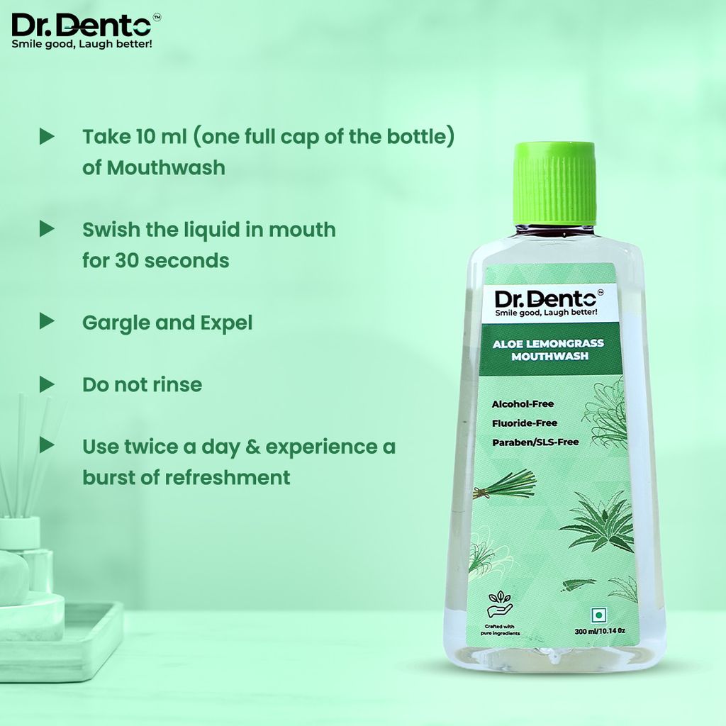 Dr.Dento Aloe Vera Lemongrass Mouthwash - 300ml | Fresh Breath | No Artificial Flavors & Colors | Alcohol-Free Mouthwash for Men, Women & Kids | Fights Germs (Aloe Lemongrass, 300ml) view 2
