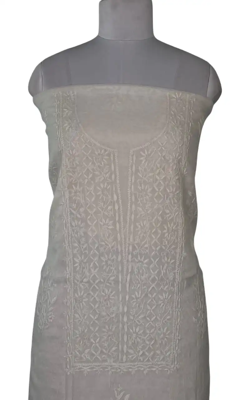 Chikankari Mul Chanderi Dress Material White on White Jaali view 2