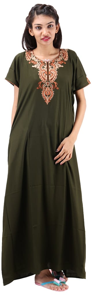 VALENCIA SLEEPWEAR lissybissy Cotton Resham Embroidery Nighty Night Gown Maxi for Women A line (Mehendi Green)