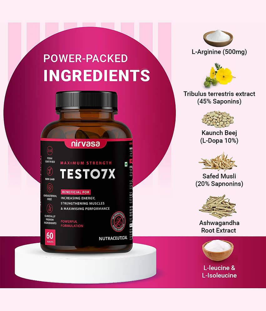 Nirvasa TESTO7X Tablet, for Stamina, Performance and boosts T-Level in men,enriched with Tribulus terrestris, Ashwagandha Safed Musli (1 X 60 Tablets) view 2