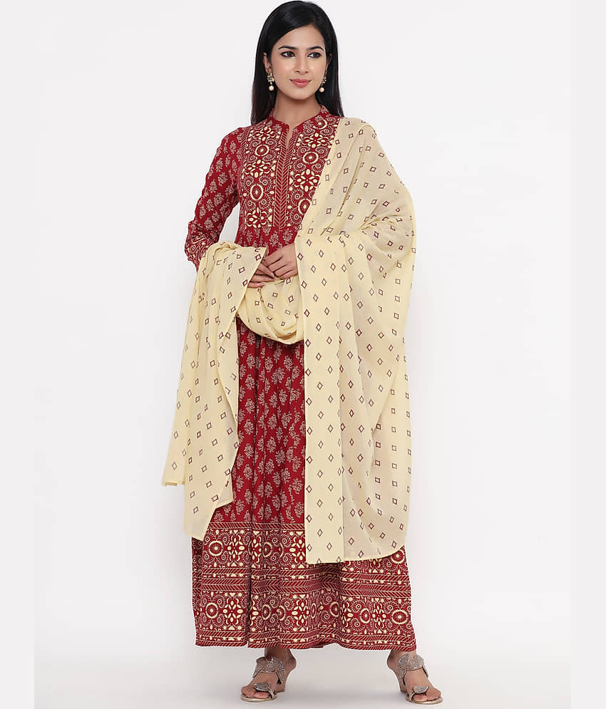 HISHAM - Maroon Rayon Women's Anarkali Kurti with Dupatta ( Pack of 1 )