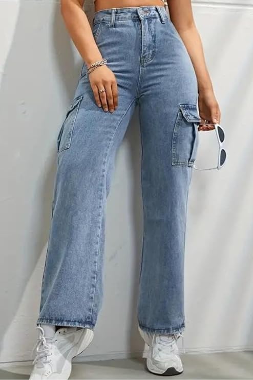 Glossia Fashion High Waist Cargo Denim Jeans for Women Wide Leg Stretchable Straight Fit Jeans - Light Blue, 36 view 2