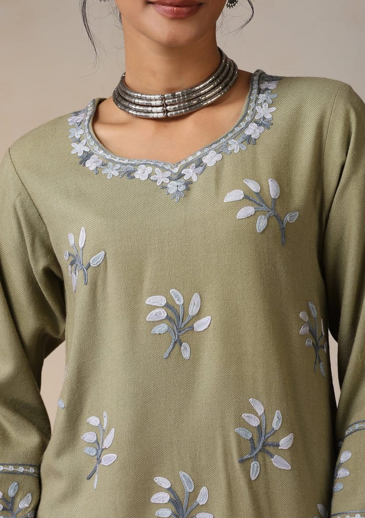 HOC Crafts Aari Embroidered Woollen Solid Women's Long Kurta - Olive view 2