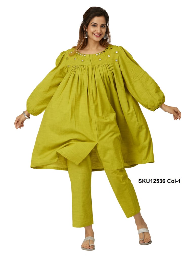 Lime Green Cotton Co-ord Set for Women with Mirror Work & Balloon Sleeves view 2