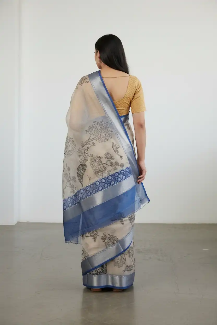 Kota Doria Cotton-Silk Saree with Peacock Block Print and Zari Border view 2