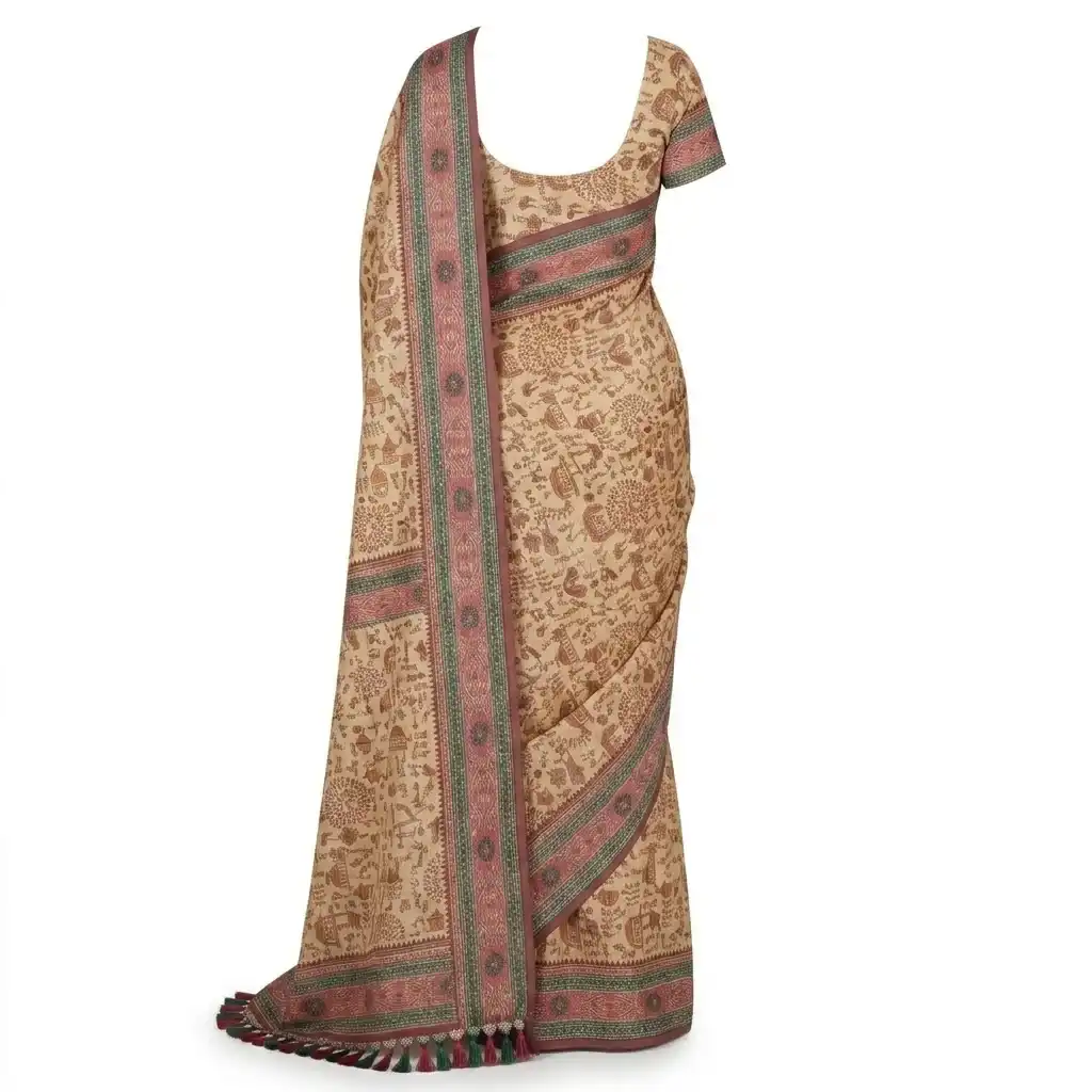 Sambalpuri Beige Tribal Stripe Heritage Handloom Saree view 2