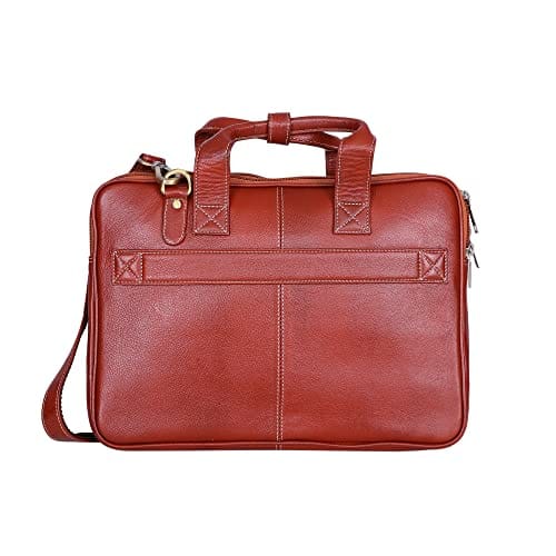 Leatherman Genuine Leather white stiching Duble Top Zip Big size sling Laptop Bag (1015D) back side trolley slot view 2