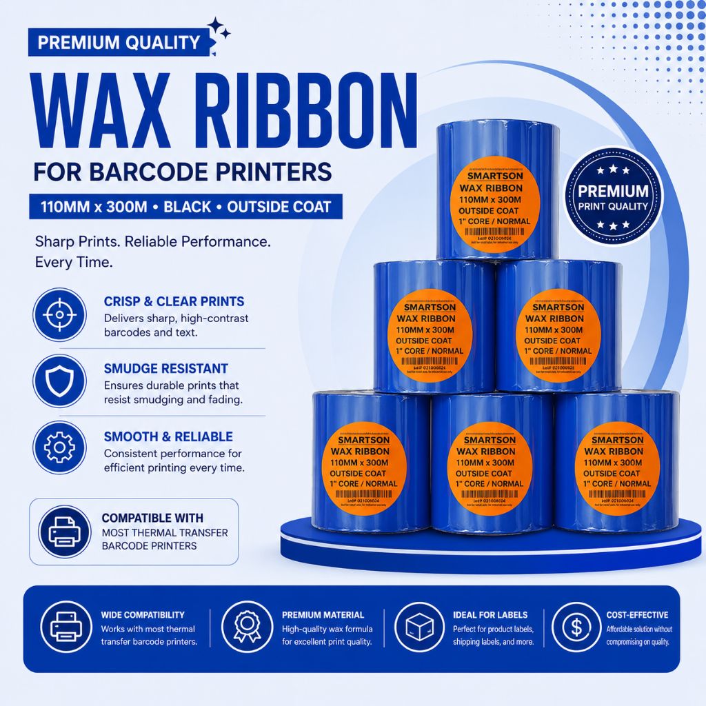 Wax Ribbon 110mm x 300m – Thermal Transfer, Black | For TSC, Zebra & Other Barcode Printers