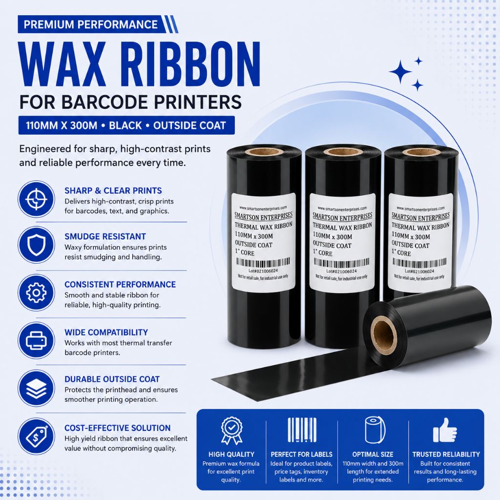 Wax Ribbon 110mm x 300m – Thermal Transfer, Black | For TSC, Zebra & Other Barcode Printers view 2