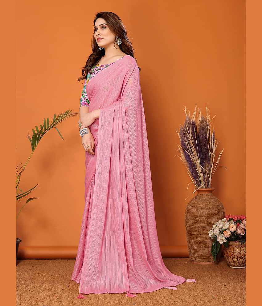 BLEESBURY Chiffon Solid Saree With Unstitched Blouse Piece ( Pink ) view 2