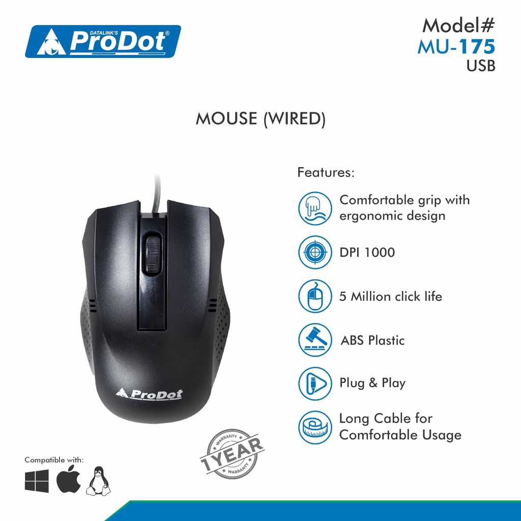 Prodot Universal MU-175 USB 1000 DPI Optical Wired Mouse view 2