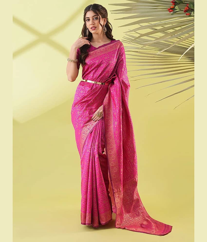 Villagius Art Silk Woven Kanjeevaram Sarees Without Blouse Piece ( Pink )