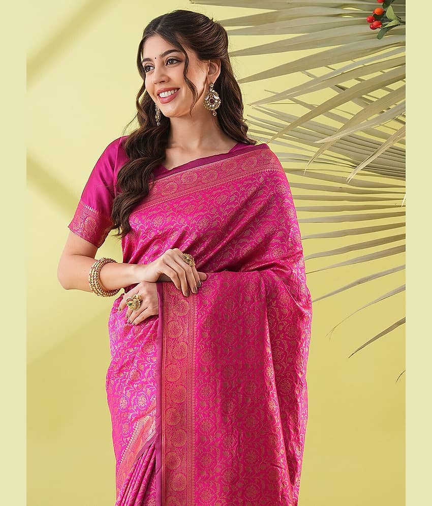 Villagius Art Silk Woven Kanjeevaram Sarees Without Blouse Piece ( Pink ) view 2