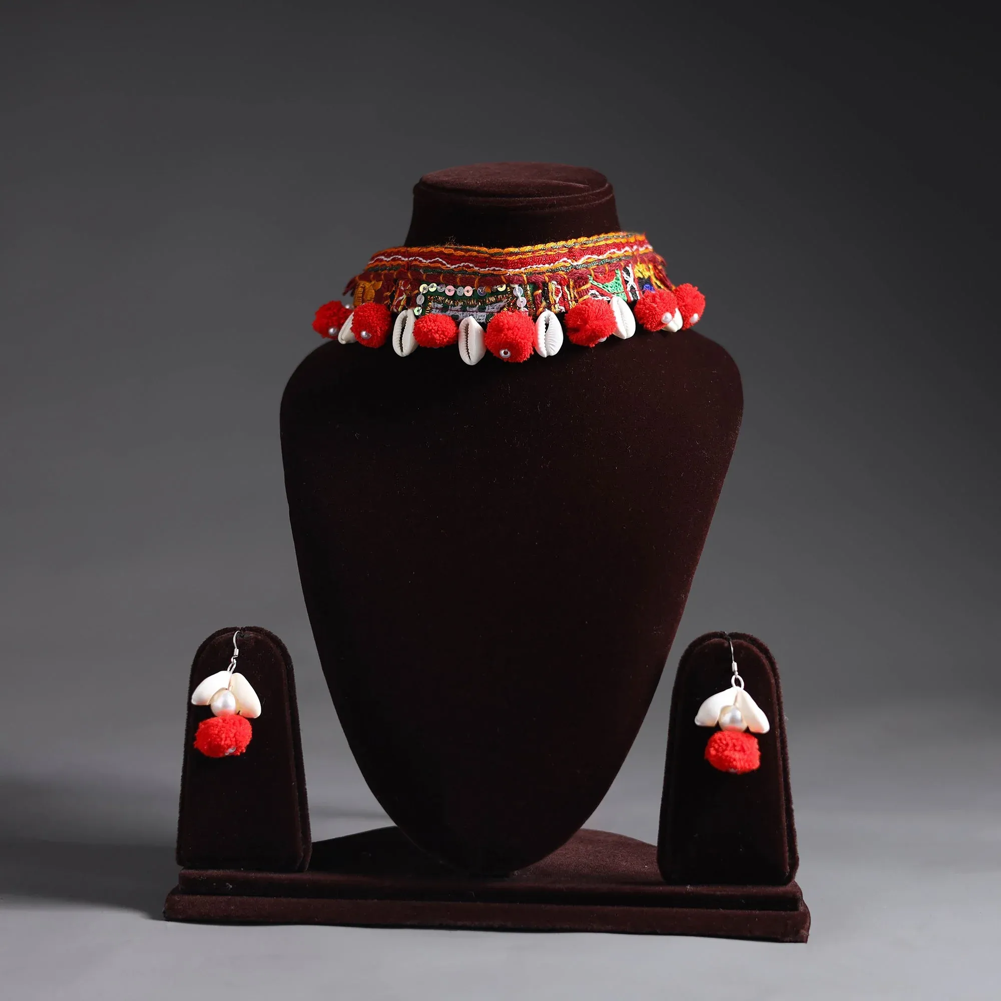 Red - Handcrafted Kutch Embroidered Choker Necklace Set 27