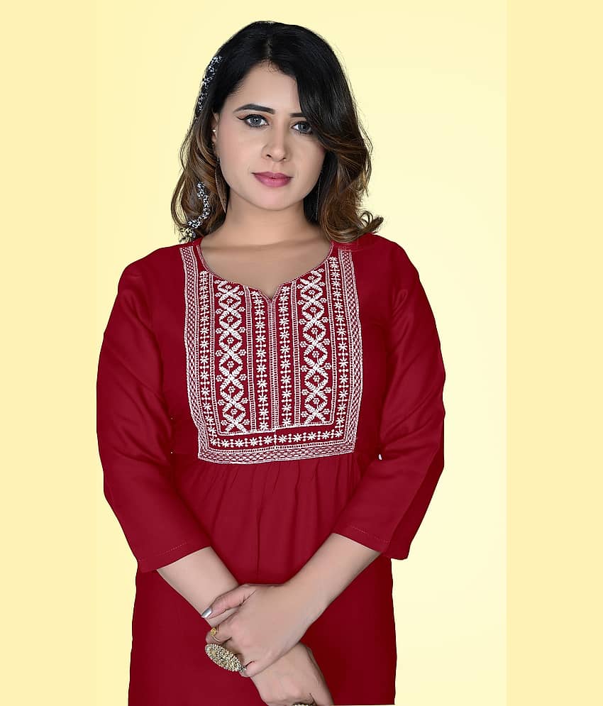 haya fashion - Maroon Rayon Women's Straight Kurti ( Pack of 1 ) view 2
