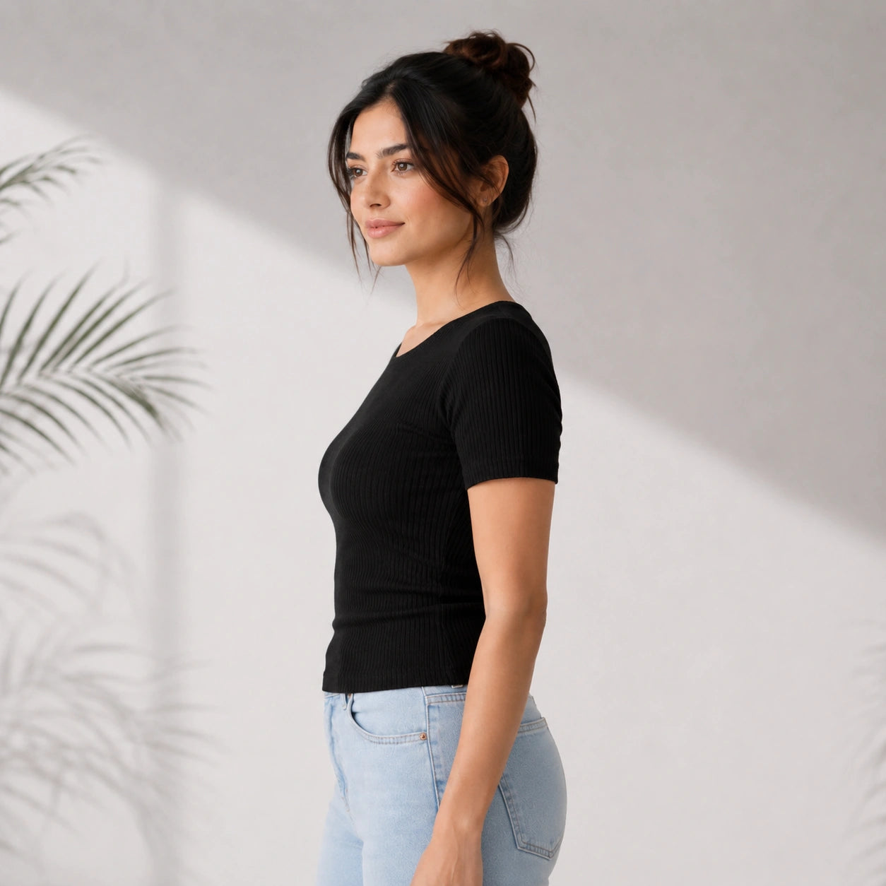 Elegant Bamboo Rib fabric Half Sleeves Top For Women | Black view 2