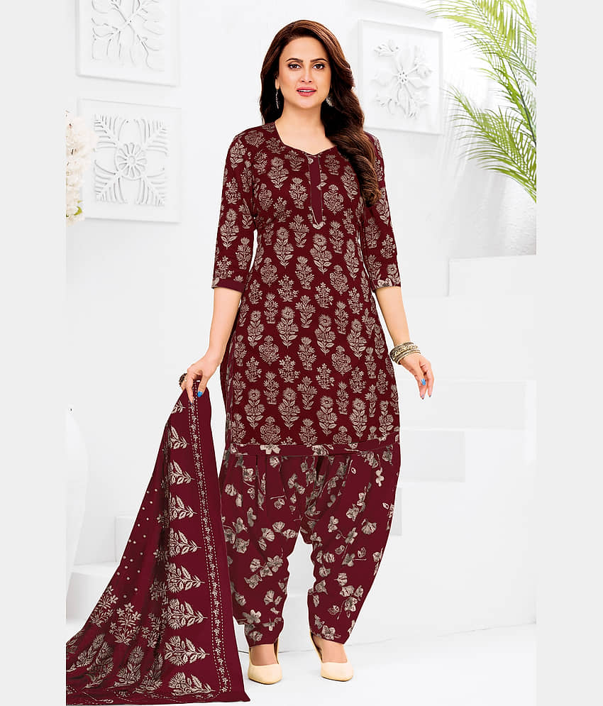 shree jeenmata collection Women Cotton Printed A-line Kurti With Patiala Salwar ( Maroon ) view 2