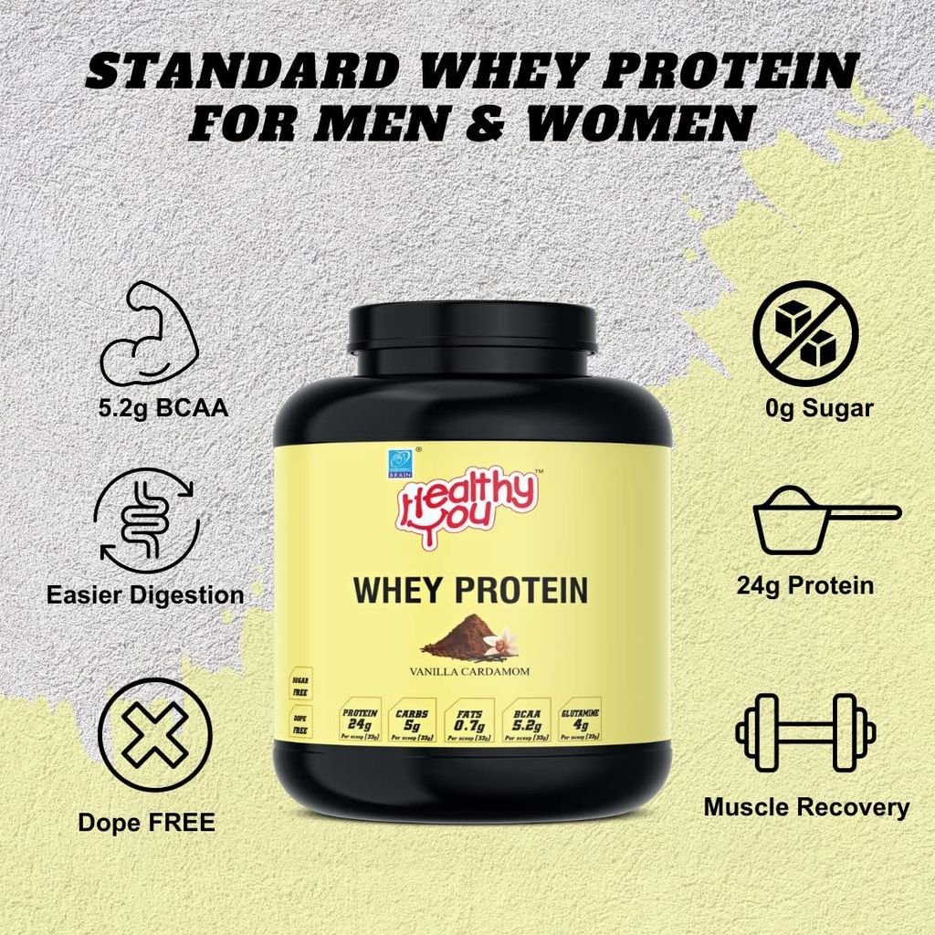 Healthy You Whey Protein | 23.76g Protein, BCAA 5.45g per 33g scoop| Improved Protein Utilisation| Sugar & Dope Free| Easy to Digest| Faster Recovery| Essential Amino Acids view 2