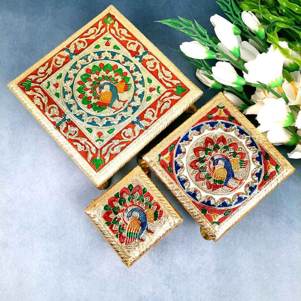 Shri Vankal Maa Art -Chowki Set of 3 for Pooja| Decorative Bajot| Pooja Stool - (4 Inch,6 Inch, 8 Inch|Multicolored) for Weddings/Pooja/Temple view 2