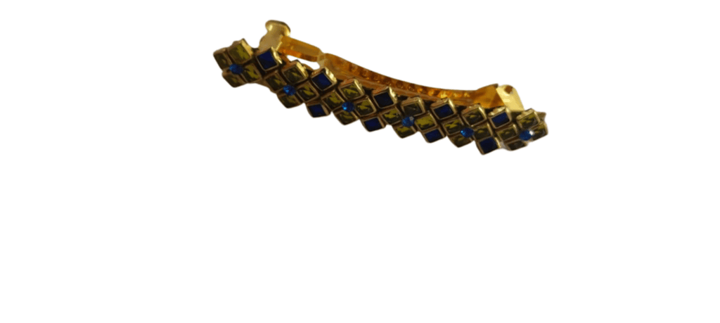 Gold Hair Barrette with Blue Enameled Flowers and Rhinestones view 2