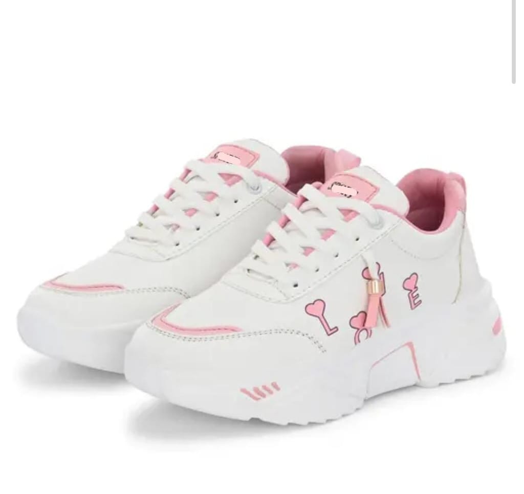 Stylish White & Pink Love Accent Women's Casual Sneakers