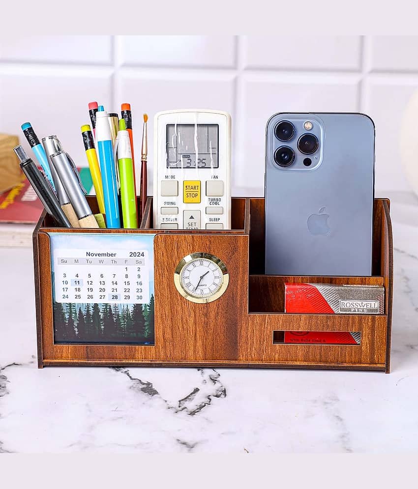 Desk Organizer With Calender, Clock, Business Visiting Card And Mobile Holder|Multipurpose Wooden Pen And Pencil Holder Stand For Office&Study... view 2