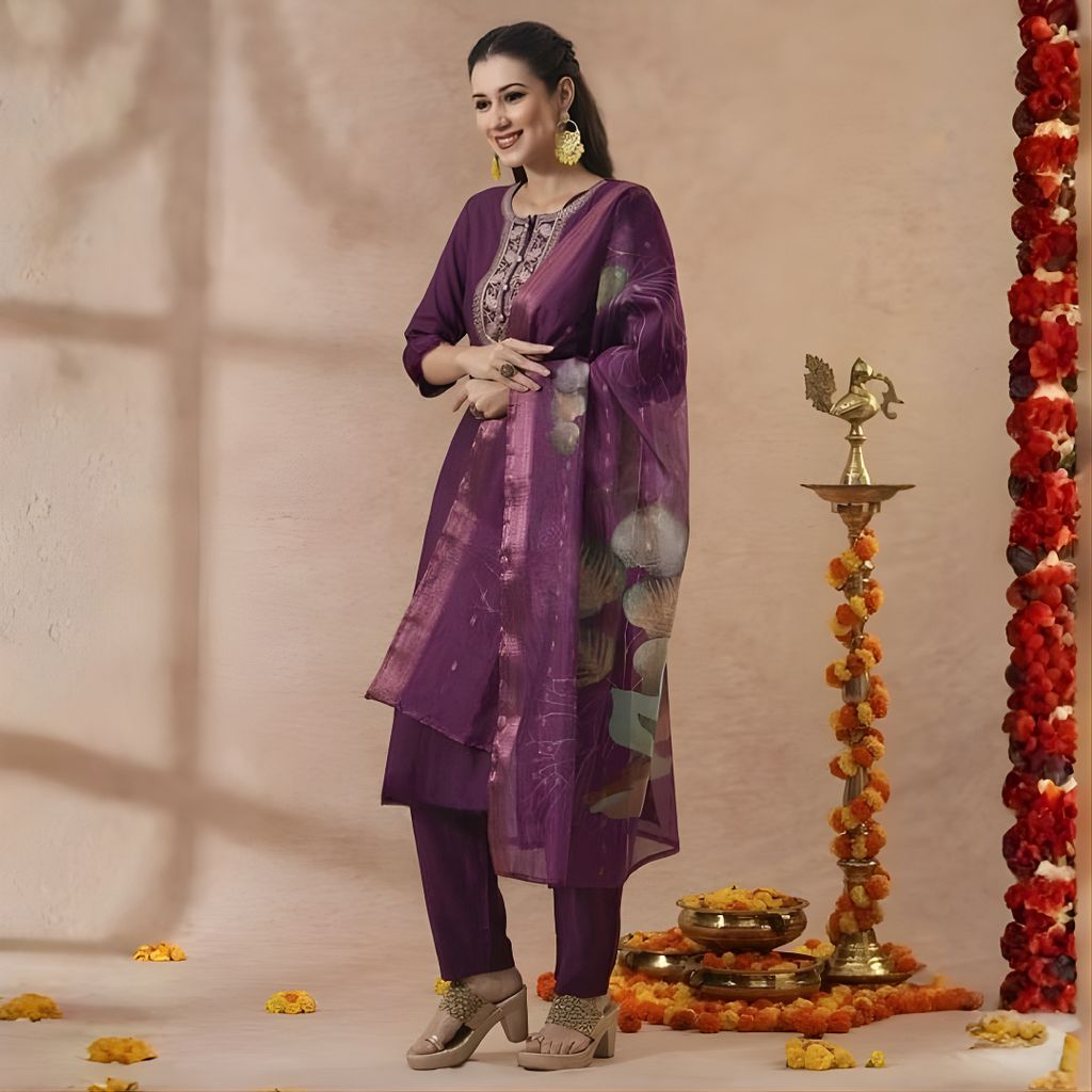 FreHee Women's Wine Magic Cotton Embroidered Kurta Pant Set with Digital Printed Chanderi Dupatta view 2