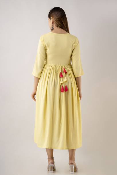 Women Printed Viscose Rayon Flared Kurta (Yellow) view 2