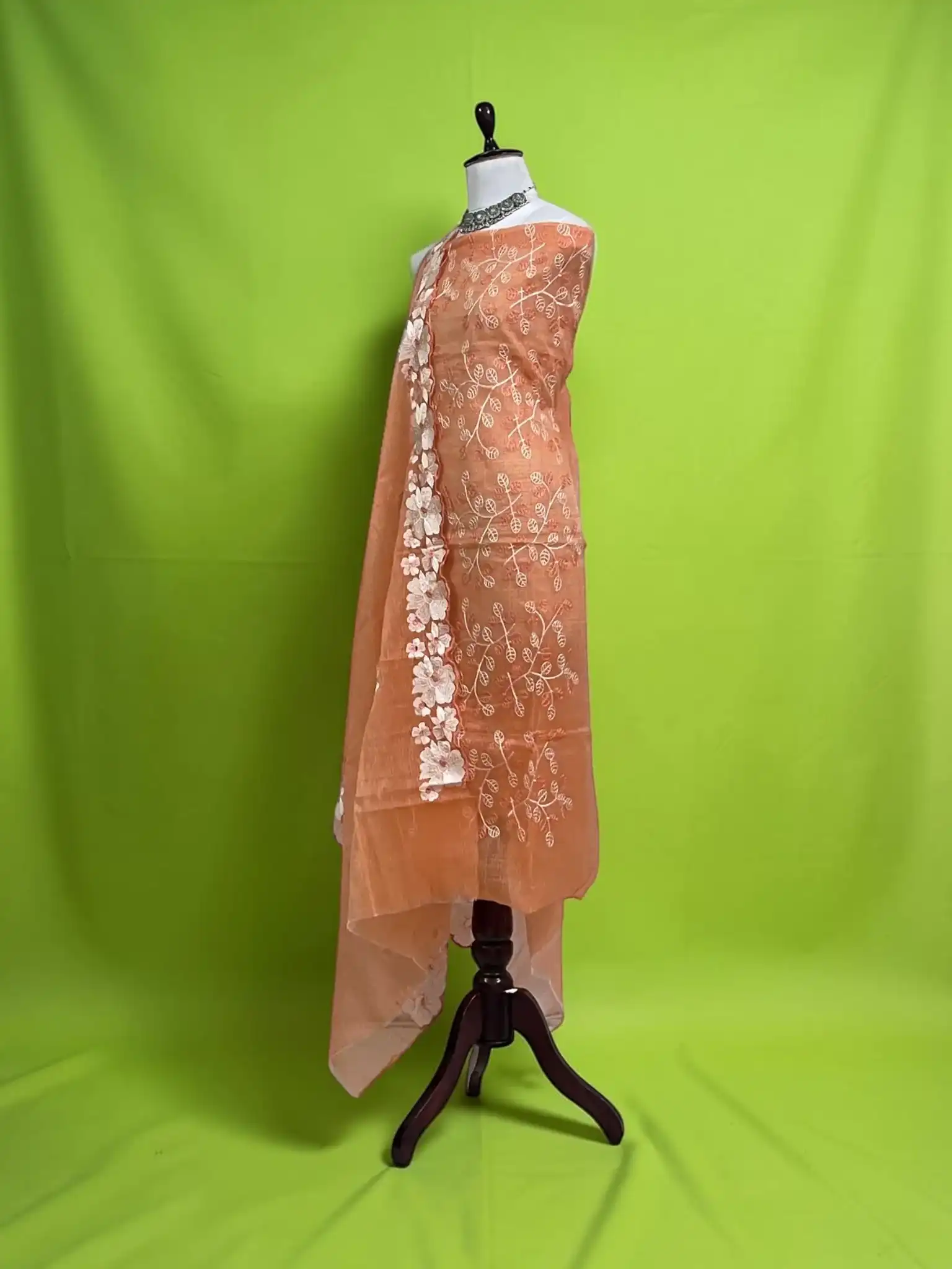 Peach Kota Doria Cotton-Silk Dress Material with Hand-Embroidered Dupatta view 2