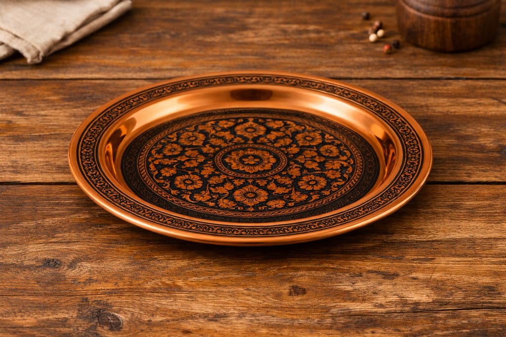 Handcrafted Copper Floral Engraved Serving Tray – Traditional Decorative Copper Platter view 2