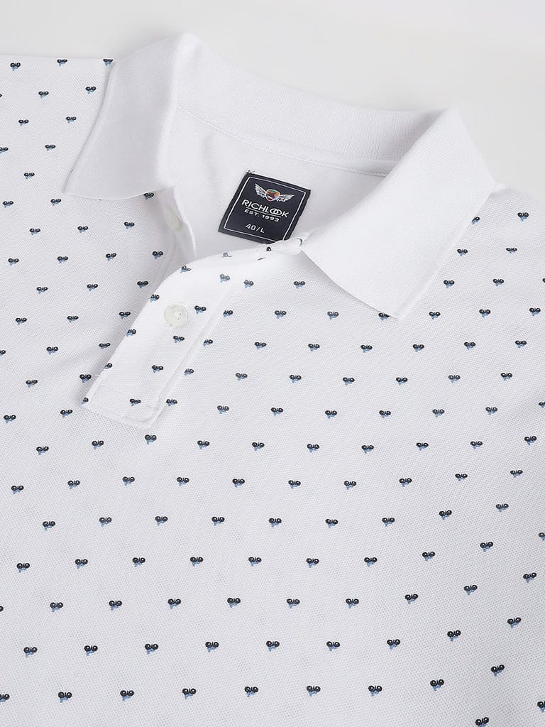 Men White Dotted Regular Fit Polo Neck T-Shirt view 2